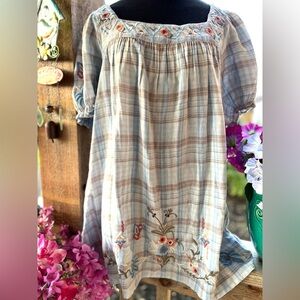 Karyn Seo Peasant Blue Plaid & Floral Embroidered Short Puff Sleeve Puckered Top